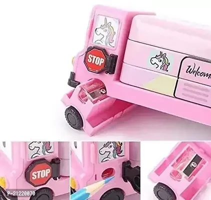 Bus Shape Metal Pencil Box with Unicorn Water Glitter Pen moving tyres Geometry Box for Kids 3 Compartment Pencil Case for Students (Pack of 2 Pcs ,Pink)-thumb2
