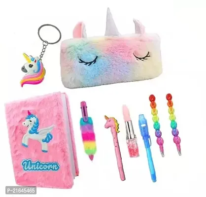 Unicorn Stationery Gift for Kids Unicorn Collection Combo Pack for Girls 9 Pcs School Stationery gift set for kids Pencil Pouch Pencil Case for Students A5 Size Unicorn Diary Notebook for Girls with P-thumb0