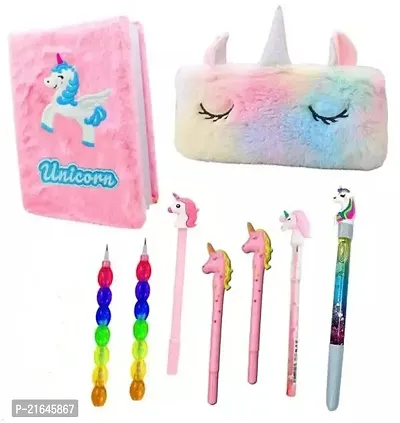 9 Pcs School Stationery gift set for kids Pencil Pouch Pencil Case for Students A5 Size Unicorn Diary Notebook with Pen, Pencils for Kids Birthday Return Gift Set Unicorn Stationery Gift for Boys Unic-thumb0