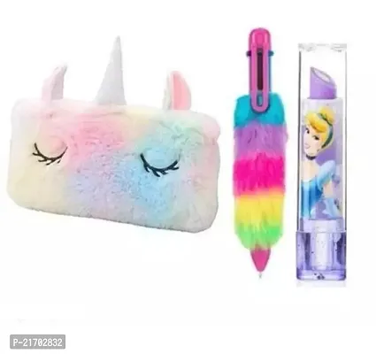 Rhinetoys Attractive stationery combo of unicorn multipurpose fur pouch, 6in1 multicolor feather pen and a cute lipstick look eraser.(pack of 3 pcs)-thumb0