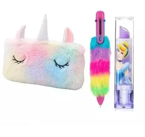 Rhinetoys Attractive stationery combo of unicorn multipurpose fur pouch, 6in1 multicolor feather pen and a cute lipstick look eraser.(pack of 3 pcs)