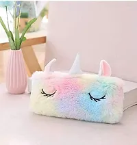 Rhinetoys Attractive stationery combo of unicorn multipurpose fur pouch, 6in1 multicolor feather pen and a cute lipstick look eraser.(pack of 3 pcs)-thumb1