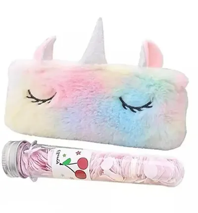 Rhinetoys stationery set of unicorn multipurpose fur pouch and a pack of paper soap.(Pack of 2 Pcs)