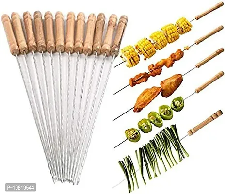 Very Thick  Strong Metallic Galvanized Barbecue Metal Grilling Skewers with Wooden Handle.(Set of 12)-thumb2