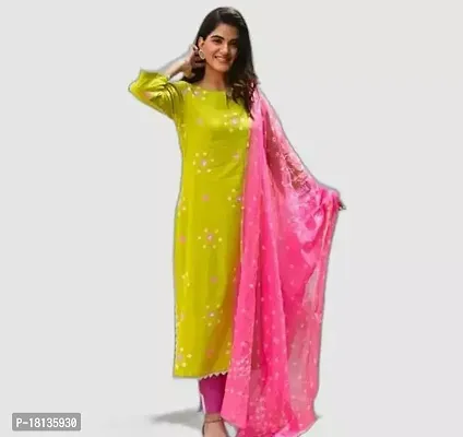 Fancy Poly Cotton Neon Color , Printed Kurta, Bottom And Dupatta Set-thumb0