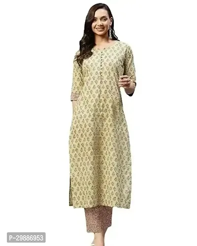 Stylish Beige Printed Cotton Kurta Pant For Women-thumb0