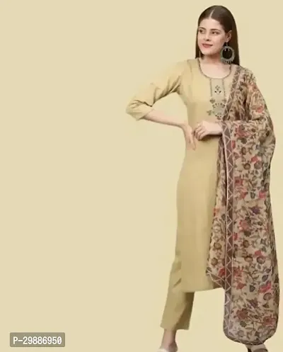 Stylish Beige Embroidered Cotton Kurta Pant With Dupatta For Women-thumb0