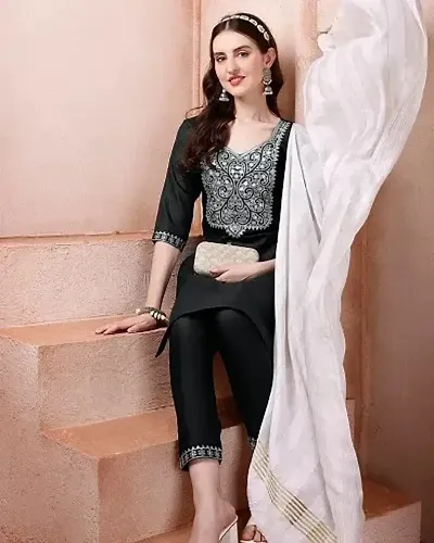 Stylish Embroidered Cotton Straight Kurta With Bottom With Dupatta Set