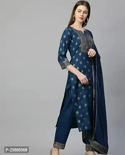 Stylish Blue Embroidered Cotton Kurta Pant With Dupatta For Women