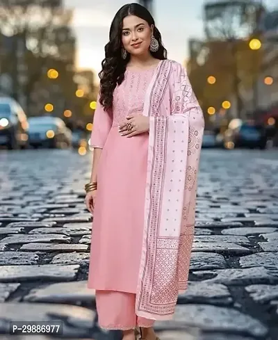 Stylish Pink Embroidered Cotton Kurta Pant With Dupatta For Women