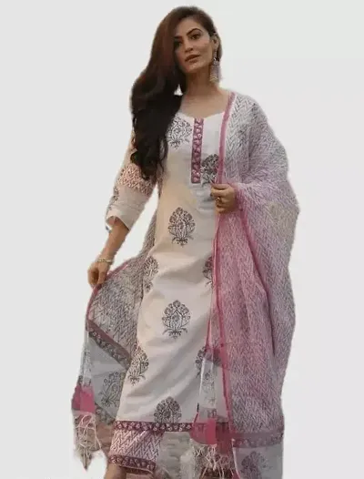 Stylish Cotton Printed Kurta Bottom Dupatta Set