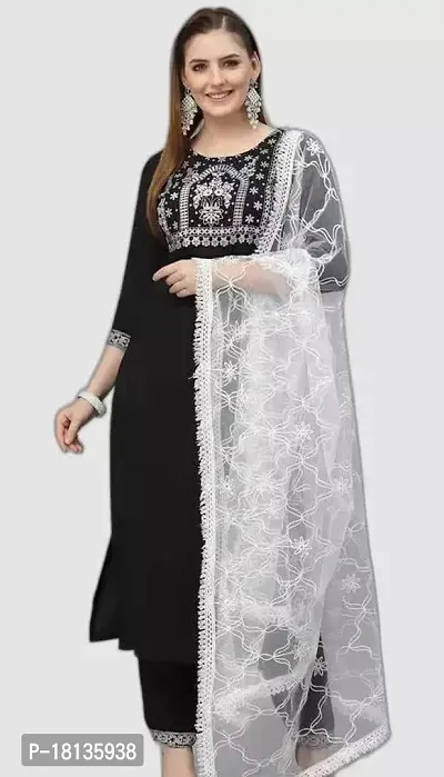 Fancy Cotton Pure Black Color , Embroidered Kurta, Bottom And Dupatta Set-thumb0