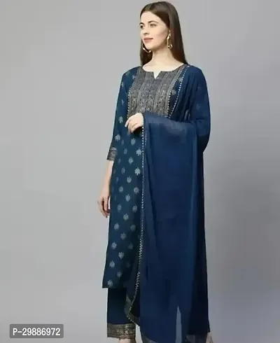 Stylish Blue Embroidered Cotton Kurta Pant With Dupatta For Women