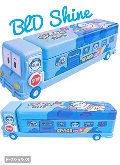 BLD Shine bus shape Pencil Box Educational Geometry Box for Kids with 3 Compartments Case  with bus like moving wheels-thumb0