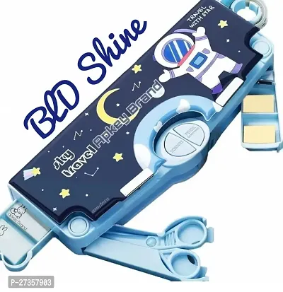 BLD Shine TRENDING HOT SELLING Heavy Quality Made Ideal For BoysGirl Stationery Organizer Astronaut Spaceman Design Multi Layer Multiple Buttons Plastic  Box  Pencil Box  (Set of 1, blue)-thumb0
