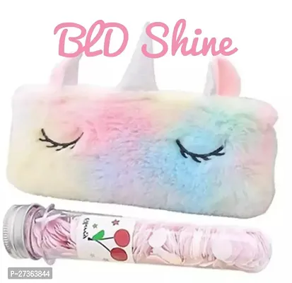 unicorn fur pouch for stationery items for kids girls and boys with portable paper soap tube-thumb0