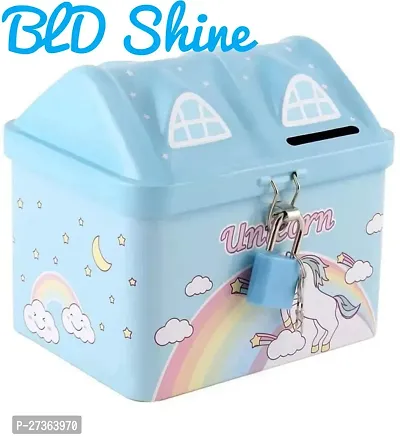 BLD Shine unicorn theme hut shaped piggy bank/money bank/coin bank with lock and keys for kids girls and boys .Best for birthday return gifts (set of 1,blue)