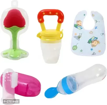 5 Pieces Combo Set For Your New Born Babies (Multicolor) - Silicone  , fruit feeder,spoon feeder bottle,bib,fruit shape teether and finger brush