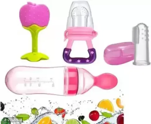 BPA Free Veggie Fruit Feed Nibbler Juicer, Baby Food Dispensing Spoon Bottle, Teether and Finger brush  (Pink)-thumb0