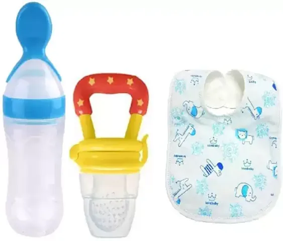 Lappu Baby Food Feeder and Baby Food Fruit Nibbler Pacifier with Baby Waterproof Soft Bib - Multicolor