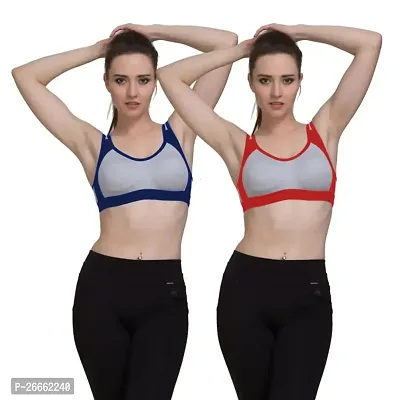 FRESH LOOK Blue and Red Color Hoesiery Non Padded Slip-on Full Coverage Women Sports Bra Pack of 2-40B