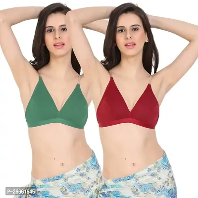 FRESH LOOK Green and Maroon Color Non Padded Full Covreage Transperent Stripe Women Hosiery Fabric Everyday Bra Pack of 2-28B-thumb0