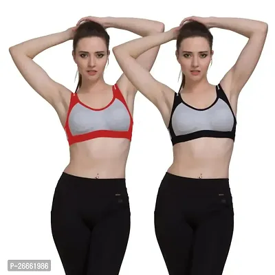 FRESH LOOK Black and Red Color Hoesiery Non Padded Slip-on Full Coverage Women Sports Bra Pack of 2-32B