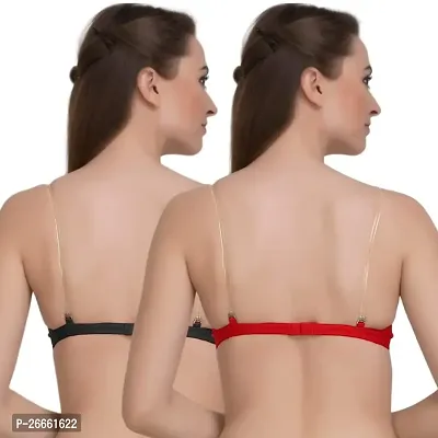 FRESH LOOK Black and Red Color Non Padded Full Covreage Transperent Stripe Women Hosiery Fabric Everyday Bra Pack of 2-36B-thumb2