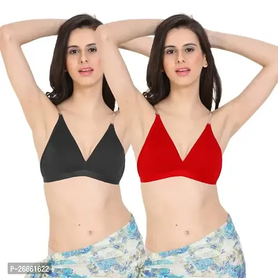 FRESH LOOK Black and Red Color Non Padded Full Covreage Transperent Stripe Women Hosiery Fabric Everyday Bra Pack of 2-36B