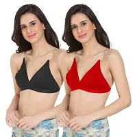 FRESH LOOK Black and Red Color Non Padded Full Covreage Transperent Stripe Women Hosiery Fabric Everyday Bra Pack of 2-36B-thumb2