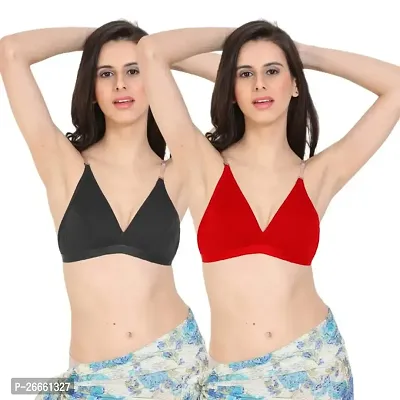 FRESH LOOK Black and Red Color Non Padded Full Covreage Transperent Stripe Women Hosiery Fabric Everyday Bra Pack of 2-34B