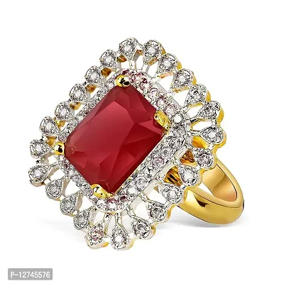 ManRaGini Jewels Ring Brass and American Diamond Alloy Crystal Gold Plated Adjustable Ring for Girls and Women (Red)