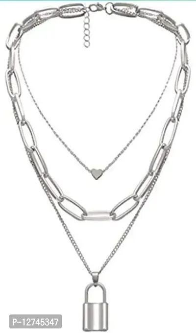 ManRaGini Jewels MRG Vembley Stylish Triple Layered Silver Lock Pendant Necklace-thumb0