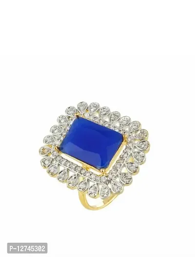 ManRaGini Jewels Ring Brass and American Diamond Alloy Crystal Gold Plated Adjustable Ring for Girls and Women (Blue)-thumb0