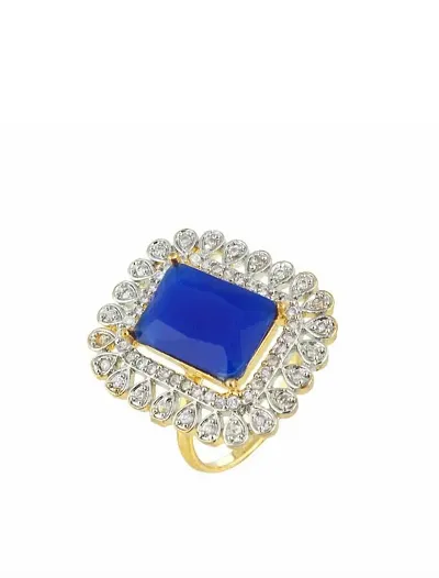 ManRaGini Jewels Ring Brass and American Diamond Alloy Crystal Gold Plated Adjustable Ring for Girls and Women