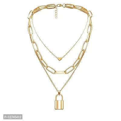 ManRaGini Jewels Neck chain Gold plated Multi-Layered Heart Pendant Necklace for women and girls Beautiful fashion stylish latest design chain (Gold)