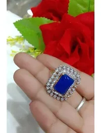 ManRaGini Jewels Ring Brass and American Diamond Alloy Crystal Gold Plated Adjustable Ring for Girls and Women (Blue)-thumb2