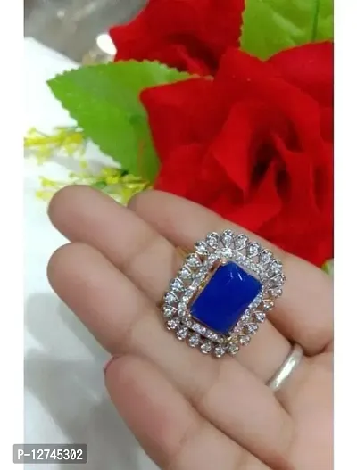 ManRaGini Jewels Ring Brass and American Diamond Alloy Crystal Gold Plated Adjustable Ring for Girls and Women (Blue)-thumb3
