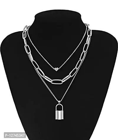 ManRaGini Jewels MRG Vembley Stylish Triple Layered Silver Lock Pendant Necklace-thumb3