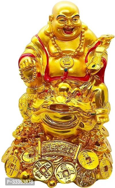 Goodmarts Fengshui Polyresin Medium Size Set of 1 Happy Man with Money Frog  Gold Coin Decorative Showpiece  -  7 cm (Resin, Gold)