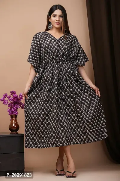 Elegant Cotton Black Floral Print Long Kaftan Kurta For Women