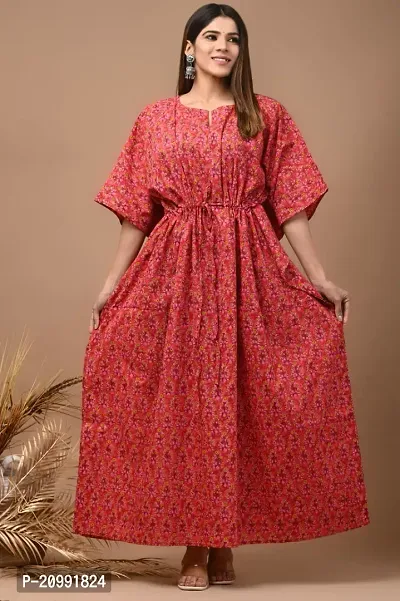 Elegant Cotton Red Floral Print Long Kaftan Kurta For Women