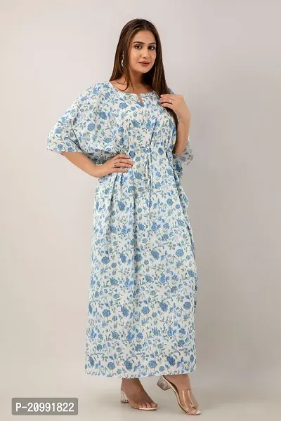 Elegant Cotton Blue Floral Print Long Kaftan Kurta For Women-thumb0