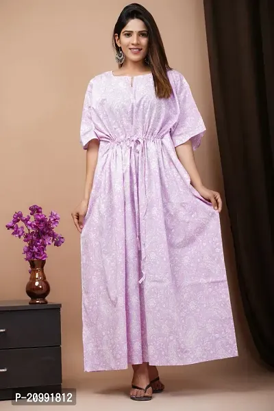 Elegant Cotton Purple Printed Long Kaftan Kurta For Women-thumb0