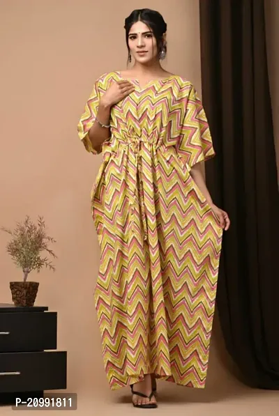 Elegant Cotton Multicoloured Zig Zag Print Long Kaftan Kurta For Women-thumb0