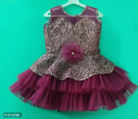Elegant Trendy Magenta Net Self Pattern Dress For Girls