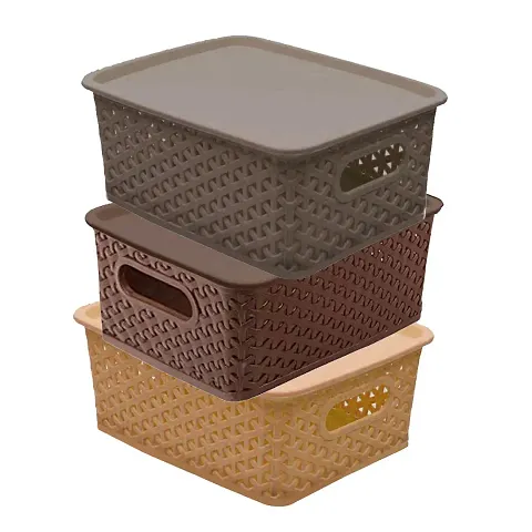 KITCHEN KREATIONS Multipurpose Solitaire Storage Basket with Lid|Strong Plastic Material & Side Grip|Size Small 25 x 19 x 10.5,Pack of 3 (Multi)