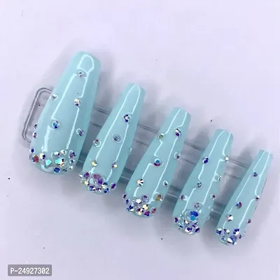 The NailzStation press on artificial fake designer extension nails (12 nails) with glue manicure kit for women (Light Blue Studded)