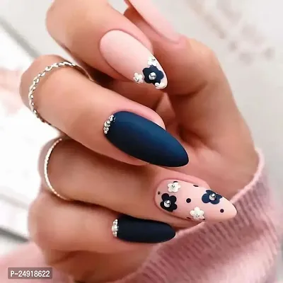 The NailzStation press on artificial fake designer extension nails (12 nails) with glue manicure kit for women (Blue Floral)