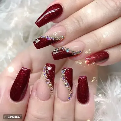 The NailzStation press on fake designer artificial nails extension in Coffin (12 nails) with manicure kit (Maroon Studded)